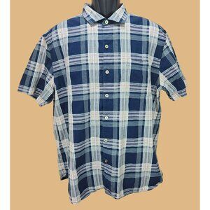 Tommy Bahama Mens Blue Plaid Shirt XL Cotton-Silk Blend